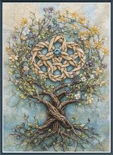 Stamped cross stitch mockup of a  tree with braided trunk and intertwined branches, surrounded by flowers on a textured background.